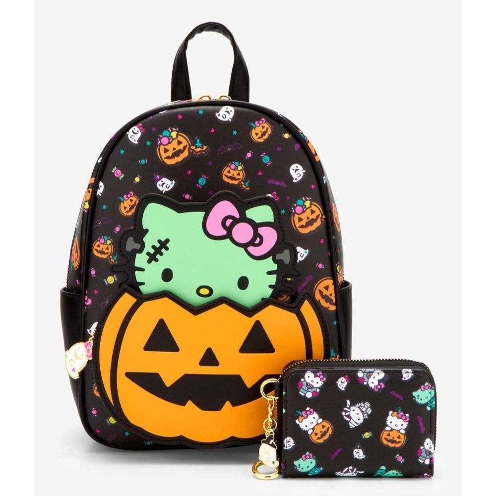 NEW! Her Universe Hello Kitty Zombie Pumpkin Glow-In-The-Dark‎ Backpack & WALLET